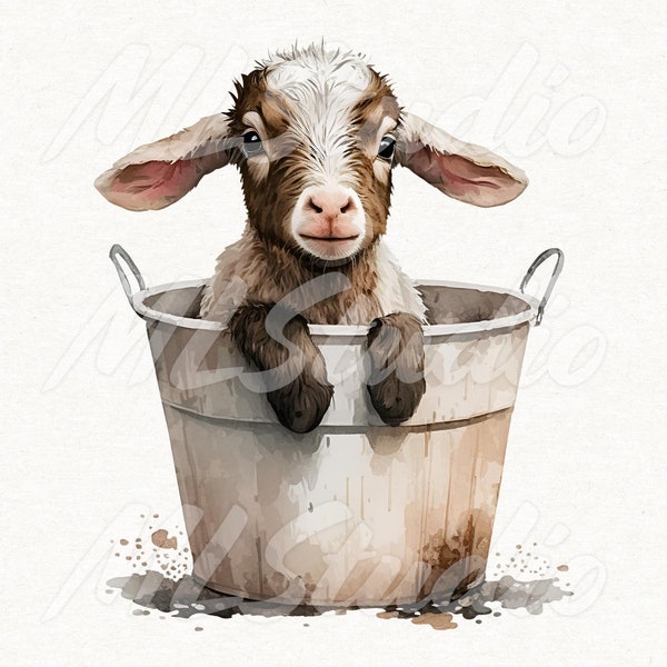 Baby Goat in a Bucket PNG, Goat PNG, Goat Sublimation, Watercolour Goat, Farm Animal Png, Watercolor Clipart, Animal Sublimation