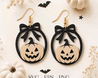 Cute Pumpkin Bow Earring SVG, Halloween Pumpkin Earrings, Spooky Pumpkin SVG, Engraving Pattern SVG, Laser Cut Earring, Glowforge Xtool Cnc