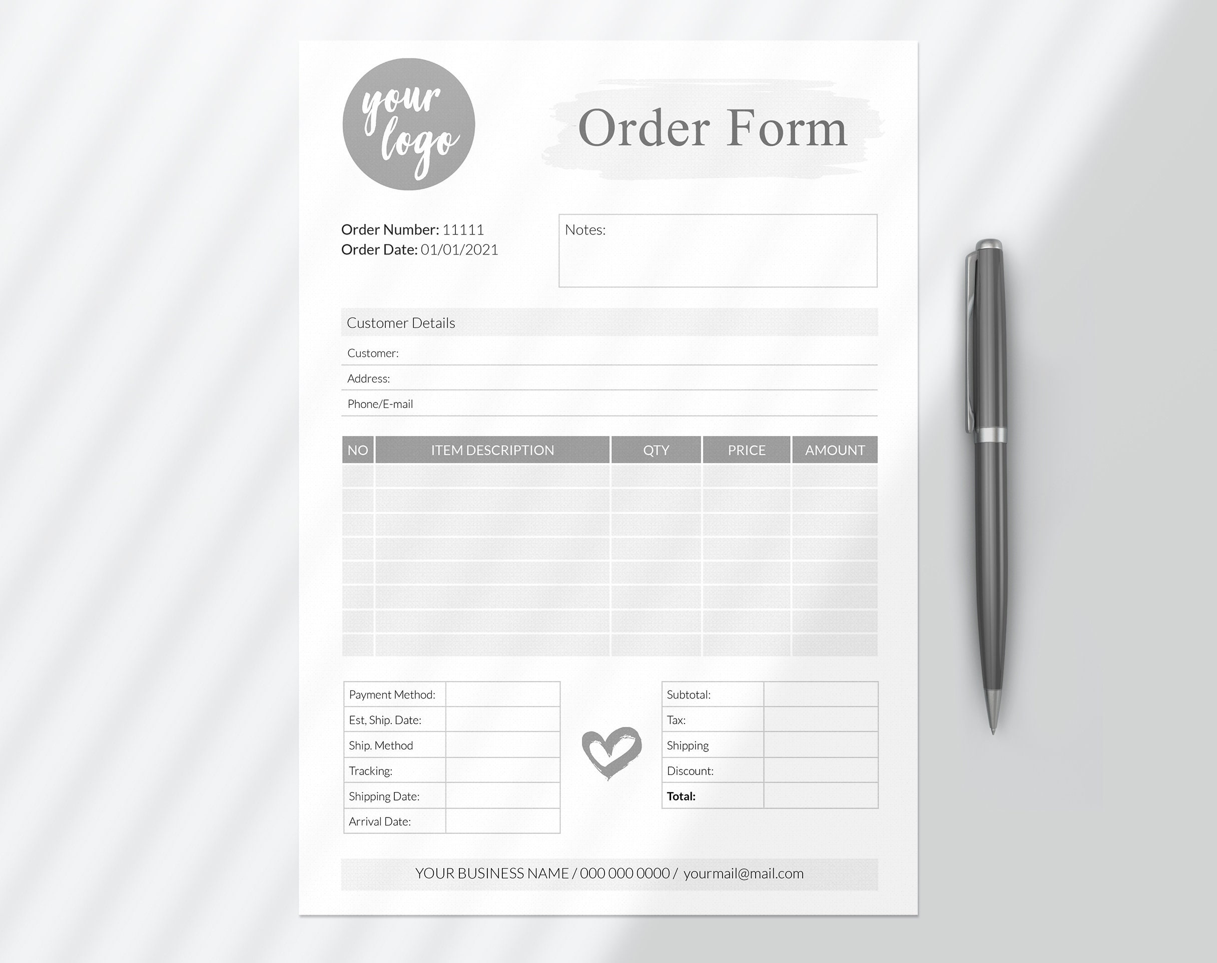 gray order form template order form word small business etsy new zealand