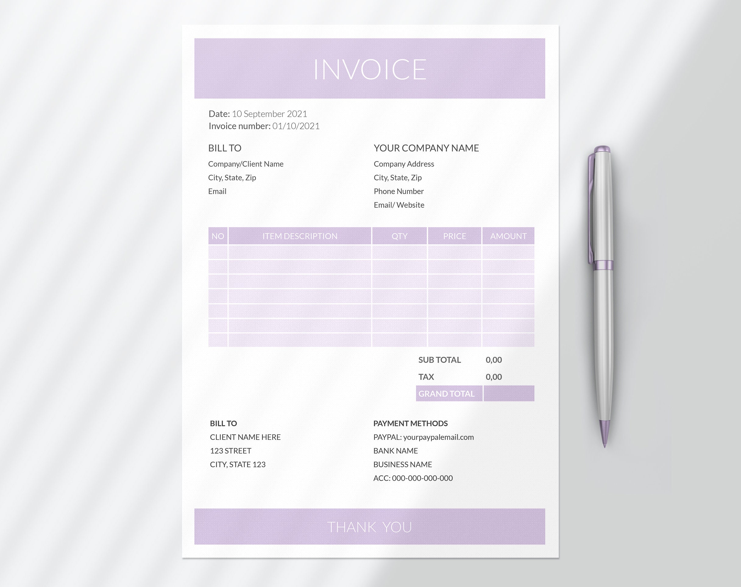 invoice template word invoice google docs editable purple etsy