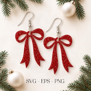 May include: A pair of red glitter bow earrings with silver-toned metal hooks. The earrings feature a cutout ribbon design with a sparkling finish. The text SVG - EPS - PNG is printed in black at the bottom center of the image.