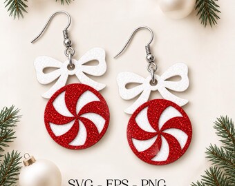 Peppermint Candy Earrings SVG, Christmas Bow Earrings, Layered Earring SVG, Glowforge xTool File, Laser Cut File, Holiday Jewelry, Png Eps