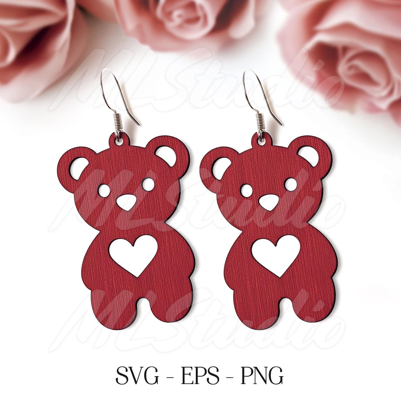 Cute Teddy Bear Earring Svg, Valentines Day Wood Earring Svg, Engraving File, Wood Earring Svg, Earrings Glowforge svg, Laser Cut File
