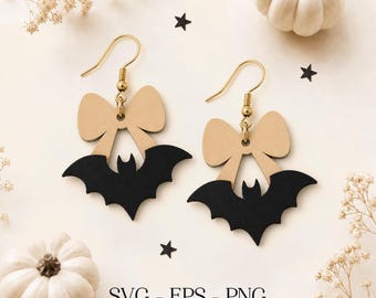 Bat Earrings with Bow SVG, Halloween Earrings SVG, Bat Jewelry Svg, Wood Earring Svg, Engraving Pattern, Laser Cut File, Glowforge xTool Cnc