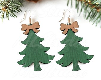 Cute Christmas Tree Earring SVG, Christmas Tree with Bow Earring, Christmas Wood Earring SVG, , Earrings Glowforge svg, Laser Cut File