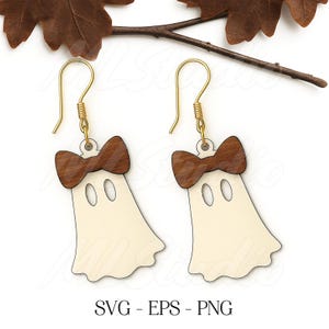 Cute Ghost Earrings SVG, Ghost with Bow Halloween Earrings Svg, Ghost Jewelry Svg, Wood Earring Svg, Glowforge File, Laser Cut, Digital File