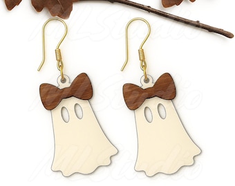 Cute Ghost Earrings SVG, Ghost with Bow Halloween Earrings Svg, Ghost Jewelry Svg, Wood Earring Svg, Glowforge File, Laser Cut, Digital File