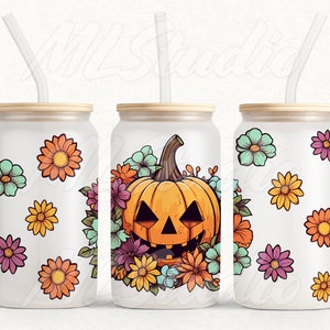 Autumn Pumpkin 16oz Can Glass Wrap Png, Autumn Png, 16oz Libbey Full Wrap Png, Halloween Png, Libbey Template, Fall Flowers, Pumpkin Png