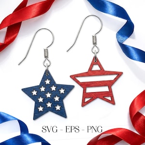 May include: A pair of patriotic star earrings. One earring is blue with white stars, the other is red with white stripes. The earrings hang from silver hooks. Red and blue ribbons are in the background. The image includes the text "SVG - EPS - PNG".