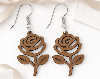 Wood Rose bloem oorbellen SVG, Floral Earring SVG, gravure patroon Svg, Wood Earring Svg, oorbellen Glowforge svg, lasergesneden bestand