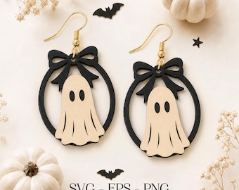 Cute Ghost Bow Earring SVG, Halloween Ghost Earrings, Ghost Hoop Earring, Engraving Pattern SVG, Laser Cut Earring, Glowforge xTool Cnc, Png