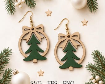 Cute Christmas Tree Earrings SVG, Christmas Tree with Bow Earrings, Wood Earring SVG, Glowforge File, Laser Cut File, Holiday Jewelry Png
