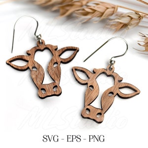 Kolczyki krowa SVG, Kolczyki głowa krowa SVG, Wzór grawerowania SVG, Kolczyki drewniane SVG, Kolczyki Glowforge SVG, Plik cięty laserowo