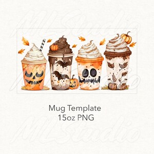 May include: Four Halloween-themed coffee mugs with whipped cream and pumpkin designs. The mugs are 15oz and are ready to be customized with your own design.