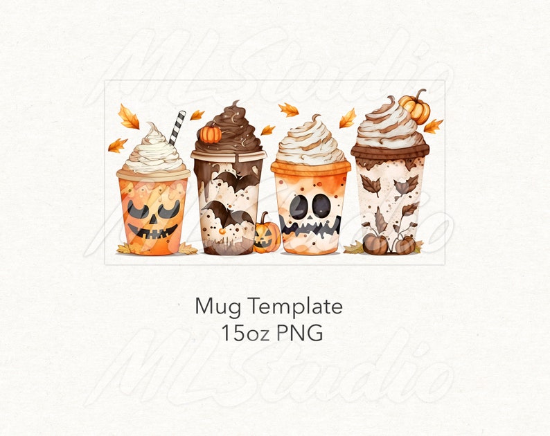 May include: Four Halloween-themed coffee mugs with whipped cream and pumpkin designs. The mugs are 15oz and are ready to be customized with your own design.