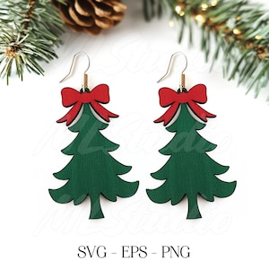 Orecchini albero di Natale SVG, orecchini albero di Natale con fiocco, orecchini in legno di Natale SVG, orecchini Glowforge svg, file tagliato al laser