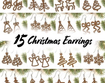 May include: A collection of 15 Christmas earrings in various festive shapes, including trees, snowflakes, and reindeer. The earrings are made of brown wood and are displayed against a white background with evergreen sprigs. The text "15 Christmas Earrings" is also visible.