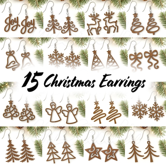 Minimalist Christmas Earrings SVG Bundle, 15 Wood Earring Svg, Christmas Ornament Svg, Glowforge Earrings, Laser Cut File, Holiday Jewelry