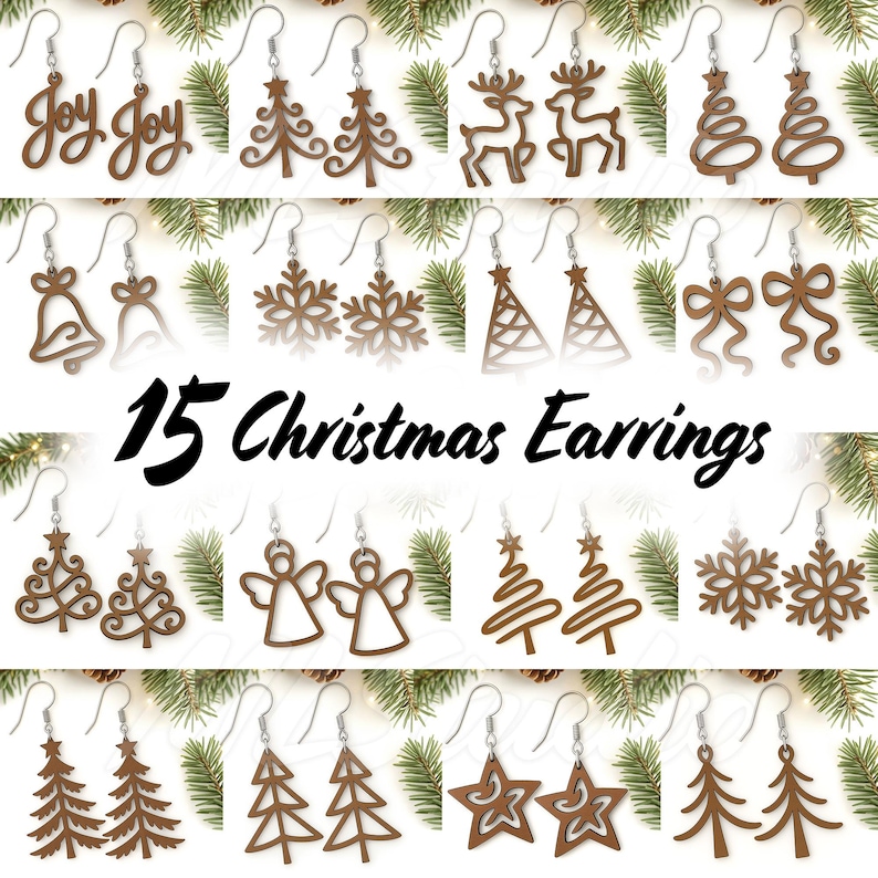 May include: A selection of 15 Christmas earrings in brown wood, featuring designs like trees, snowflakes, and reindeer. The earrings are presented on a white backdrop with evergreen branches. The text "15 Christmas Earrings" is displayed prominently in the image.