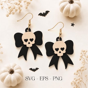 May include: A pair of dangle earrings featuring a black bow shape with a light-coloured skull overlay. The skull has heart-shaped eye sockets. The earrings hang from gold-toned metal hooks. The text SVG - EPS - PNG is printed at the bottom.
