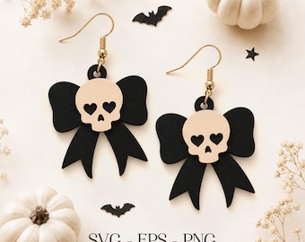 Halloween Skull Bow Earrings SVG, Skull Face Earring, Spooky Jewelry SVG, Engraving Pattern, Laser Cut Earring, Glowforge xTool Cnc, Png Eps