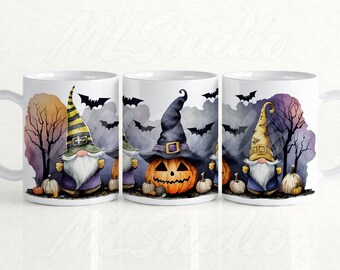 Halloween Gnomes 15oz Mug Wrap Png, Digital 15oz Mug Design PNG, Pumpkin Mug Png, Fall Png, Gnomes Sublimation, Gnome Mug Wrap, Bats Png