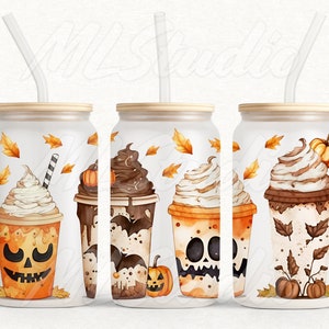 Coffee Cups Set 16oz Can Glass Png, Autumn Png, 16oz Libbey Full Wrap Svg, Halloween Png, Libbey Template, Fall Coffee Cups Png, Pumpkin Png
