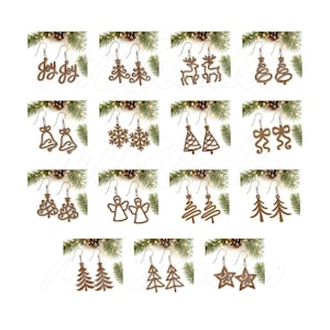 May include: A selection of wooden Christmas earrings featuring festive designs such as trees, reindeer, bells, snowflakes, bows, angels, and stars. Each pair is suspended from a silver hook, presented against a backdrop of pine branches and cones.