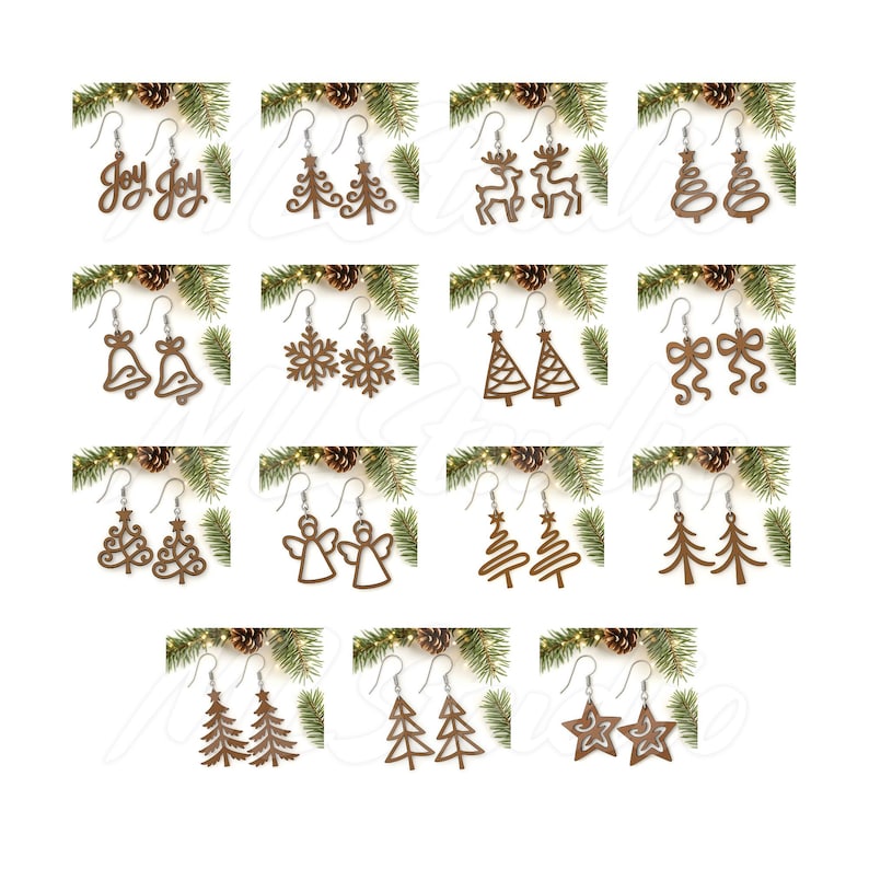 May include: A selection of wooden Christmas earrings featuring festive designs such as trees, reindeer, bells, snowflakes, bows, angels, and stars. Each pair is suspended from a silver hook, presented against a backdrop of pine branches and cones.