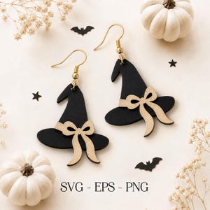 May include: A pair of dangle earrings shaped like black witch hats with tan bows, featuring gold-toned metal hooks. The earrings are displayed alongside white pumpkins, small black bat silhouettes, and star shapes, with the text SVG - EPS - PNG.