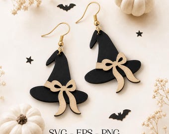 Witch Hat Bow Earring Svg, Halloween Earrings SVG, Witch Jewelry Svg, Wood Earring Svg, Engraving Pattern Svg, Laser Cut Earring Glowforge