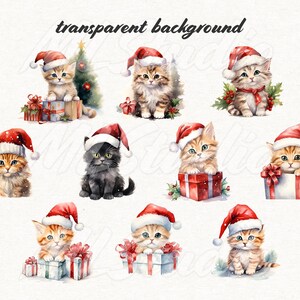 May include: Nine watercolour illustrations of adorable kittens wearing Santa hats and holding Christmas presents. The kittens are all different colours and have different expressions on their faces.
