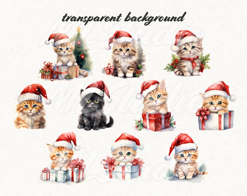 May include: Nine watercolour illustrations of adorable kittens wearing Santa hats and holding Christmas presents. The kittens are all different colours and have different expressions on their faces.