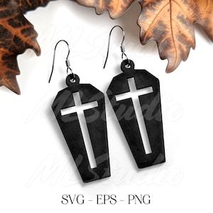 Pendiente de ataúd corte láser svg, pendiente svg, patrón de grabado svg, pendiente de madera svg, pendientes Glowforge svg, pendientes espeluznantes svg, cruz svg