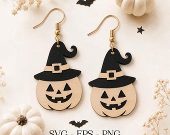Pumpkin Witch Hat Earring SVG, Halloween Glowforge File, Wood Earring Svg, Engraving Pattern Svg, Spooky Pumpkin Svg, Laser Cut Earring File