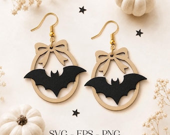 Bat Bow Earrings SVG, Halloween Bat Earrings Svg, Framed Bat Earring, Engraving Pattern Svg, Wood Earring Svg, Glowforge xTool CNC, Png Eps
