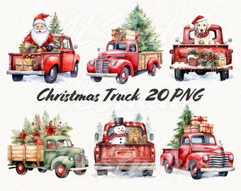 Camión de Navidad Clipart Png, Clipart de Navidad, Acuarela Camión de Navidad Png, Decoración de Navidad Png, Scrapbooking Png, Vintage Truck Clipart