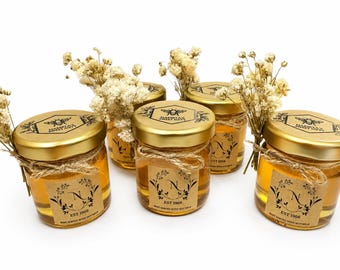 Tarros de miel rústica 100% pura de 45 g. Recuerdos de boda personalizados.