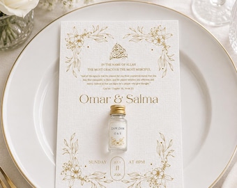 Elegante tarjeta de recuerdo de boda tamaño A6 con bombón en forma de corazón o botella de Zam Zam de 10 ml.