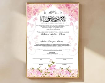 Contrato de Certificado Nikkah de Lujo - Certificado de Matrimonio (A4 y A3) Verso Corán Personalizado