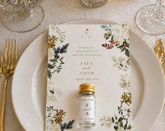 Elegante tarjeta de recuerdo de boda tamaño A6 con bombón en forma de corazón o botella de Zam Zam de 10 ml.