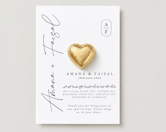 Elegante tarjeta de recuerdo de boda tamaño A6 con forma de corazón, bombón o botella de Zam Zam.
