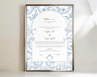 Contrato de certificado de matrimonio Nikkah de lujo con diseño floral azul - Certificado de matrimonio en formatos A4 y A3 con versículo del Corán personalizado