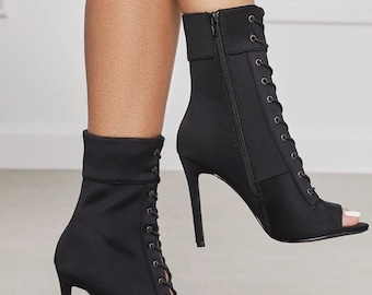 Sexy Black Open Toe Lace Up Filter Booties | Women’s Fashion Boots | Trendy Black Lace Up Shoes | High Heel Booties | Edgy Lace Up Footwear