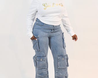 Cargo Jeans Women | Multi Pocket Baggy Denim Pants | Streetwear Utility Jeans | Wide Leg Cargo Pants | Casual Denim Trousers