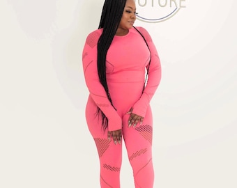 Hot Pink Seamless Workout Set | Long Sleeve Crop Top & Leggings | Women’s Activewear Matching Outfit | Yoga Gym Fitness Two Piece