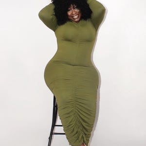open lace back dress Green Olive Long Sleeve Midi Dress main image 1