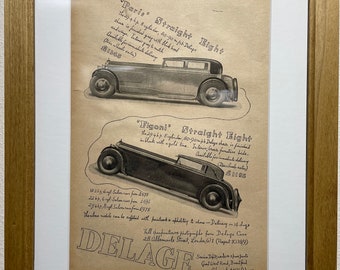 1931 Delage Advertisement, Handmade Wooden Frame, “The Motor” Antique Magazine, Vintage Wall Art, Home Decoration