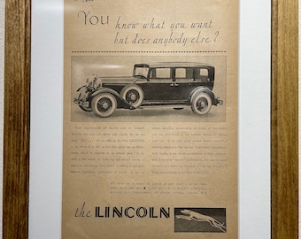 1931 Lincoln Advertisement, Handmade Wooden Frame, “The Motor” Antique Magazine, Vintage Wall Art, Home Decoration
