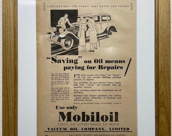 1931 Mobiloil Advertisement, Handmade Wooden Frame, “The Motor” Antique Magazine, Vintage Wall Art, Home Decoration